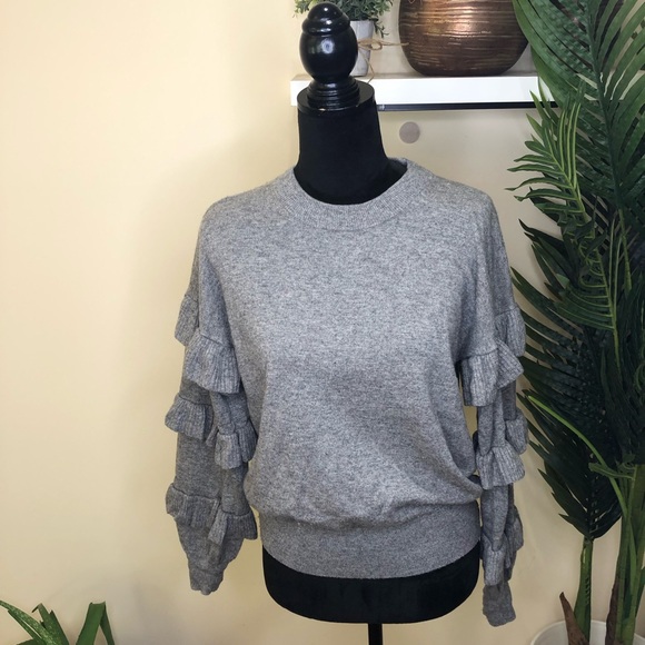 J. Crew Ruffle Sleeve Gray Oversized Wool Blend Sweater Small - Picture 2 of 6